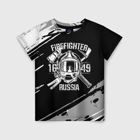 Детская футболка 3D с принтом FIREFIGHTER 1649 RUSSIA в Белгороде, 100% гипоаллергенный полиэфир | прямой крой, круглый вырез горловины, длина до линии бедер, чуть спущенное плечо, ткань немного тянется | Тематика изображения на принте: 112 | 27 декабря | firefighter | багор | белая | герб | гкчс | знак | лого | логотип | маска | мчс | мчсник | пожарная охрана | пожарник | пожарный | пч | россии | рф | серая | символ | служба | состаренная