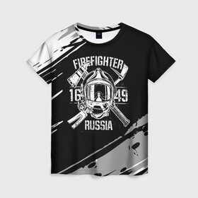 Женская футболка 3D с принтом FIREFIGHTER 1649 RUSSIA в Белгороде, 100% полиэфир ( синтетическое хлопкоподобное полотно) | прямой крой, круглый вырез горловины, длина до линии бедер | 112 | 27 декабря | firefighter | багор | белая | герб | гкчс | знак | лого | логотип | маска | мчс | мчсник | пожарная охрана | пожарник | пожарный | пч | россии | рф | серая | символ | служба | состаренная