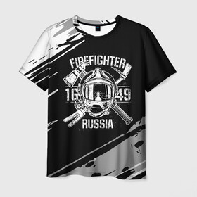 Мужская футболка 3D с принтом FIREFIGHTER 1649 RUSSIA в Белгороде, 100% полиэфир | прямой крой, круглый вырез горловины, длина до линии бедер | 112 | 27 декабря | firefighter | багор | белая | герб | гкчс | знак | лого | логотип | маска | мчс | мчсник | пожарная охрана | пожарник | пожарный | пч | россии | рф | серая | символ | служба | состаренная