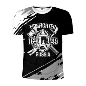 Мужская футболка 3D спортивная с принтом FIREFIGHTER 1649 RUSSIA в Белгороде, 100% полиэстер с улучшенными характеристиками | приталенный силуэт, круглая горловина, широкие плечи, сужается к линии бедра | Тематика изображения на принте: 112 | 27 декабря | firefighter | багор | белая | герб | гкчс | знак | лого | логотип | маска | мчс | мчсник | пожарная охрана | пожарник | пожарный | пч | россии | рф | серая | символ | служба | состаренная