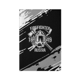 Обложка для паспорта матовая кожа с принтом FIREFIGHTER 1649 RUSSIA в Белгороде, натуральная матовая кожа | размер 19,3 х 13,7 см; прозрачные пластиковые крепления | Тематика изображения на принте: 112 | 27 декабря | firefighter | багор | белая | герб | гкчс | знак | лого | логотип | маска | мчс | мчсник | пожарная охрана | пожарник | пожарный | пч | россии | рф | серая | символ | служба | состаренная