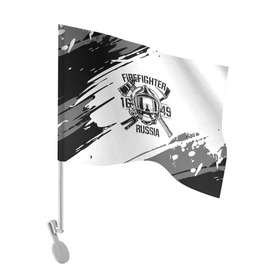 Флаг для автомобиля с принтом FIREFIGHTER 1649 RUSSIA в Белгороде, 100% полиэстер | Размер: 30*21 см | 112 | 27 декабря | firefighter | багор | белая | герб | гкчс | знак | лого | логотип | маска | мчс | мчсник | пожарная охрана | пожарник | пожарный | пч | россии | рф | серая | символ | служба | состаренная