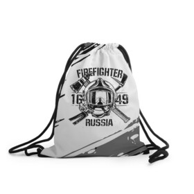 Рюкзак-мешок 3D с принтом FIREFIGHTER 1649 RUSSIA в Белгороде, 100% полиэстер | плотность ткани — 200 г/м2, размер — 35 х 45 см; лямки — толстые шнурки, застежка на шнуровке, без карманов и подкладки | 112 | 27 декабря | firefighter | багор | белая | герб | гкчс | знак | лого | логотип | маска | мчс | мчсник | пожарная охрана | пожарник | пожарный | пч | россии | рф | серая | символ | служба | состаренная