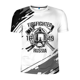 Мужская футболка 3D спортивная с принтом FIREFIGHTER 1649 RUSSIA в Белгороде, 100% полиэстер с улучшенными характеристиками | приталенный силуэт, круглая горловина, широкие плечи, сужается к линии бедра | 112 | 27 декабря | firefighter | багор | белая | герб | гкчс | знак | лого | логотип | маска | мчс | мчсник | пожарная охрана | пожарник | пожарный | пч | россии | рф | серая | символ | служба | состаренная