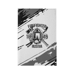 Обложка для паспорта матовая кожа с принтом FIREFIGHTER 1649 RUSSIA в Белгороде, натуральная матовая кожа | размер 19,3 х 13,7 см; прозрачные пластиковые крепления | 112 | 27 декабря | firefighter | багор | белая | герб | гкчс | знак | лого | логотип | маска | мчс | мчсник | пожарная охрана | пожарник | пожарный | пч | россии | рф | серая | символ | служба | состаренная