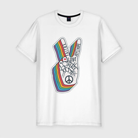 Мужская футболка хлопок Slim с принтом PEACE LOVE HOPE (Z) в Белгороде, 92% хлопок, 8% лайкра | приталенный силуэт, круглый вырез ворота, длина до линии бедра, короткий рукав | Тематика изображения на принте: hope | love | peace | два пальца | жесть | знак | любить | любовь | мир | радуга | хипи | хиппи