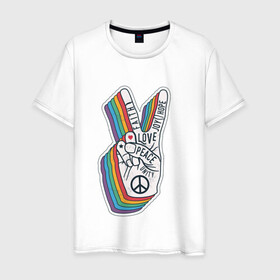 Мужская футболка хлопок с принтом PEACE LOVE HOPE (Z) в Белгороде, 100% хлопок | прямой крой, круглый вырез горловины, длина до линии бедер, слегка спущенное плечо. | hope | love | peace | два пальца | жесть | знак | любить | любовь | мир | радуга | хипи | хиппи