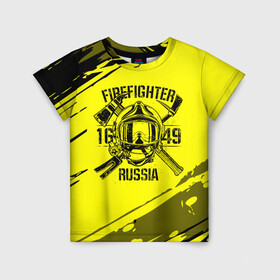 Детская футболка 3D с принтом FIREFIGHTER 1649 RUSSIA в Белгороде, 100% гипоаллергенный полиэфир | прямой крой, круглый вырез горловины, длина до линии бедер, чуть спущенное плечо, ткань немного тянется | 112 | firefighter | багор | герб | гкчс | желтая | знак | лого | логотип | мчс | мчсник | пожарная охрана | пожарник | пожарный | пч | россии | рф | серая | символ | служба | спасатель | спасения | топор | флаг