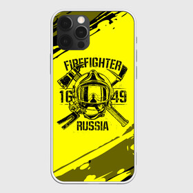 Чехол для iPhone 12 Pro с принтом FIREFIGHTER 1649 RUSSIA в Белгороде, силикон | область печати: задняя сторона чехла, без боковых панелей | 112 | firefighter | багор | герб | гкчс | желтая | знак | лого | логотип | мчс | мчсник | пожарная охрана | пожарник | пожарный | пч | россии | рф | серая | символ | служба | спасатель | спасения | топор | флаг