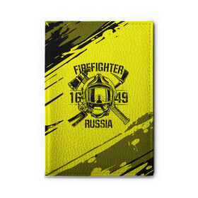 Обложка для автодокументов с принтом FIREFIGHTER 1649 RUSSIA в Белгороде, натуральная кожа |  размер 19,9*13 см; внутри 4 больших “конверта” для документов и один маленький отдел — туда идеально встанут права | Тематика изображения на принте: 112 | firefighter | багор | герб | гкчс | желтая | знак | лого | логотип | мчс | мчсник | пожарная охрана | пожарник | пожарный | пч | россии | рф | серая | символ | служба | спасатель | спасения | топор | флаг