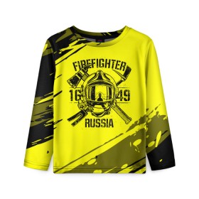 Детский лонгслив 3D с принтом FIREFIGHTER 1649 RUSSIA в Белгороде, 100% полиэстер | длинные рукава, круглый вырез горловины, полуприлегающий силуэт
 | 112 | firefighter | багор | герб | гкчс | желтая | знак | лого | логотип | мчс | мчсник | пожарная охрана | пожарник | пожарный | пч | россии | рф | серая | символ | служба | спасатель | спасения | топор | флаг