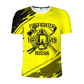 Мужская футболка 3D спортивная с принтом FIREFIGHTER 1649 RUSSIA в Белгороде, 100% полиэстер с улучшенными характеристиками | приталенный силуэт, круглая горловина, широкие плечи, сужается к линии бедра | 112 | firefighter | багор | герб | гкчс | желтая | знак | лого | логотип | мчс | мчсник | пожарная охрана | пожарник | пожарный | пч | россии | рф | серая | символ | служба | спасатель | спасения | топор | флаг