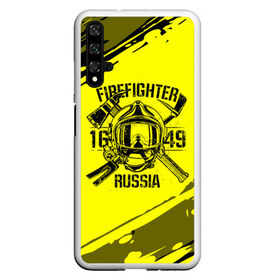 Чехол для Honor 20 с принтом FIREFIGHTER 1649 RUSSIA в Белгороде, Силикон | Область печати: задняя сторона чехла, без боковых панелей | 112 | firefighter | багор | герб | гкчс | желтая | знак | лого | логотип | мчс | мчсник | пожарная охрана | пожарник | пожарный | пч | россии | рф | серая | символ | служба | спасатель | спасения | топор | флаг