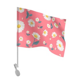 Флаг для автомобиля с принтом Ромашки в Белгороде, 100% полиэстер | Размер: 30*21 см | белый | для девушек | желтый | летний принт | листочки цветов | розовый фон | ромашка | ромашки | цветочки | цветы
