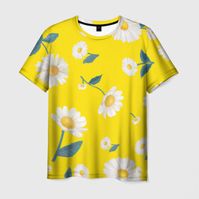 Мужская футболка 3D с принтом Ромашки в Белгороде, 100% полиэфир | прямой крой, круглый вырез горловины, длина до линии бедер | белый | для девушек | желтый | желтый фон | летний принт | листочки цветов | ромашка | ромашки | цветочки | цветы