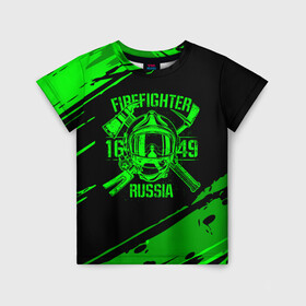Детская футболка 3D с принтом FIREFIGHTER 1649 RUSSIA в Белгороде, 100% гипоаллергенный полиэфир | прямой крой, круглый вырез горловины, длина до линии бедер, чуть спущенное плечо, ткань немного тянется | Тематика изображения на принте: 112 | firefighter | багор | герб | гкчс | зеленая | знак | лого | логотип | мчс | мчсник | пожарная охрана | пожарник | пожарный | пч | россии | рф | серая | символ | служба | спасатель | спасения | топор | флаг