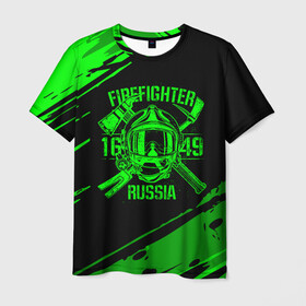 Мужская футболка 3D с принтом FIREFIGHTER 1649 RUSSIA в Белгороде, 100% полиэфир | прямой крой, круглый вырез горловины, длина до линии бедер | 112 | firefighter | багор | герб | гкчс | зеленая | знак | лого | логотип | мчс | мчсник | пожарная охрана | пожарник | пожарный | пч | россии | рф | серая | символ | служба | спасатель | спасения | топор | флаг