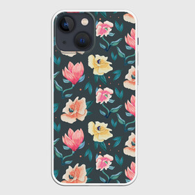 Чехол для iPhone 13 mini с принтом Акварельные цветы в Белгороде,  |  | floral | flowers | pastel | pattern | pink | texture | watercolor | акварель | букет | картина | красками | краски | листья | маки | настроение | пастель | пионы | рисунок | розовые | розы | ромашки | сад | цветки | цветочки