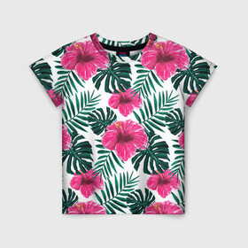 Детская футболка 3D с принтом Гавайский гибискус в Белгороде, 100% гипоаллергенный полиэфир | прямой крой, круглый вырез горловины, длина до линии бедер, чуть спущенное плечо, ткань немного тянется | flower | hawaii | hibiscus | palms | summer | sun | ботаника | гаваи | гавайи | гавайка | гавайская | гибискус | красочная | летняя | лето | листья | отдых | отпуск | пальма | пальмы | пляж | растения | символ