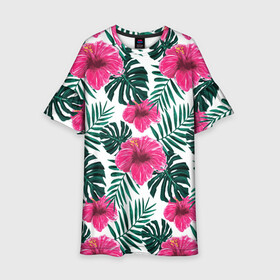 Детское платье 3D с принтом Гавайский гибискус в Белгороде, 100% полиэстер | прямой силуэт, чуть расширенный к низу. Круглая горловина, на рукавах — воланы | Тематика изображения на принте: flower | hawaii | hibiscus | palms | summer | sun | ботаника | гаваи | гавайи | гавайка | гавайская | гибискус | красочная | летняя | лето | листья | отдых | отпуск | пальма | пальмы | пляж | растения | символ