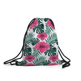 Рюкзак-мешок 3D с принтом Гавайский гибискус в Белгороде, 100% полиэстер | плотность ткани — 200 г/м2, размер — 35 х 45 см; лямки — толстые шнурки, застежка на шнуровке, без карманов и подкладки | flower | hawaii | hibiscus | palms | summer | sun | ботаника | гаваи | гавайи | гавайка | гавайская | гибискус | красочная | летняя | лето | листья | отдых | отпуск | пальма | пальмы | пляж | растения | символ