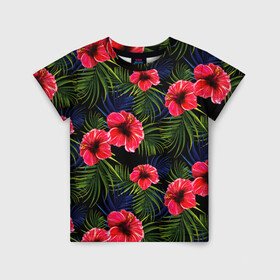 Детская футболка 3D с принтом Тропические цветы и листья в Белгороде, 100% гипоаллергенный полиэфир | прямой крой, круглый вырез горловины, длина до линии бедер, чуть спущенное плечо, ткань немного тянется | Тематика изображения на принте: flower | flowers | palms | summer | sun | tropical | ботаника | гавайи hawaii | гавайка | гавайская | красочная | летняя | лето | листья | отдых | отпуск | пальма | пальмы | пляж | растения | символ | тропики | тропические