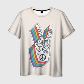 Мужская футболка 3D с принтом PEACE and LOVE (Z) в Белгороде, 100% полиэфир | прямой крой, круглый вырез горловины, длина до линии бедер | Тематика изображения на принте: hope | love | peace | два пальца | жесть | знак | любить | любовь | мир | радуга | хипи | хиппи