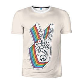 Мужская футболка 3D спортивная с принтом PEACE and LOVE (Z) в Белгороде, 100% полиэстер с улучшенными характеристиками | приталенный силуэт, круглая горловина, широкие плечи, сужается к линии бедра | Тематика изображения на принте: hope | love | peace | два пальца | жесть | знак | любить | любовь | мир | радуга | хипи | хиппи