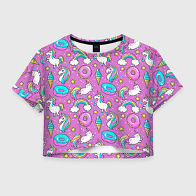 Женская футболка Crop-top 3D с принтом Pink unicorn в Белгороде, 100% полиэстер | круглая горловина, длина футболки до линии талии, рукава с отворотами | cat | donuts | pink | unicorn | единорог | котики | пончики | розовый