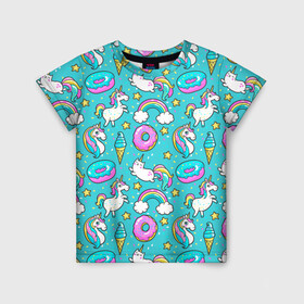 Детская футболка 3D с принтом Turquoise unicorn в Белгороде, 100% гипоаллергенный полиэфир | прямой крой, круглый вырез горловины, длина до линии бедер, чуть спущенное плечо, ткань немного тянется | cat | donuts | turquoise | unicorn | бирюзовый | единорог | котики | пончики