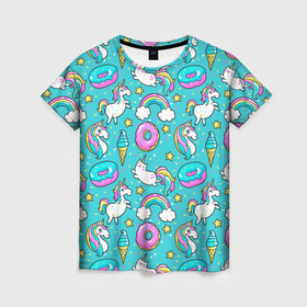 Женская футболка 3D с принтом Turquoise unicorn в Белгороде, 100% полиэфир ( синтетическое хлопкоподобное полотно) | прямой крой, круглый вырез горловины, длина до линии бедер | cat | donuts | turquoise | unicorn | бирюзовый | единорог | котики | пончики