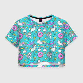 Женская футболка Crop-top 3D с принтом Turquoise unicorn в Белгороде, 100% полиэстер | круглая горловина, длина футболки до линии талии, рукава с отворотами | cat | donuts | turquoise | unicorn | бирюзовый | единорог | котики | пончики