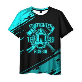 Мужская футболка 3D с принтом FIREFIGHTER 1649 RUSSIA в Белгороде, 100% полиэфир | прямой крой, круглый вырез горловины, длина до линии бедер | 112 | firefighter | багор | бирюзовая | герб | гкчс | голубая | знак | лого | логотип | мчс | мчсник | пожарная охрана | пожарник | пожарный | пч | россии | рф | серая | символ | синяя | служба | спасатель
