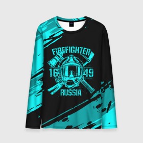 Мужской лонгслив 3D с принтом FIREFIGHTER 1649 RUSSIA в Белгороде, 100% полиэстер | длинные рукава, круглый вырез горловины, полуприлегающий силуэт | 112 | firefighter | багор | бирюзовая | герб | гкчс | голубая | знак | лого | логотип | мчс | мчсник | пожарная охрана | пожарник | пожарный | пч | россии | рф | серая | символ | синяя | служба | спасатель
