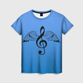 Женская футболка 3D с принтом Скрипичный ключ и крылья ноты в Белгороде, 100% полиэфир ( синтетическое хлопкоподобное полотно) | прямой крой, круглый вырез горловины, длина до линии бедер | арт | звук | крыло | крылья | музыка | музыкант | ноты | символ | скрипичный ключ | фортепиано