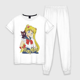 Женская пижама хлопок с принтом Sailor Moon & Luna в Белгороде, 100% хлопок | брюки и футболка прямого кроя, без карманов, на брюках мягкая резинка на поясе и по низу штанин | cat | girl | kitty | luna | moon | sailor moon | sailormoon | девочка | кот | котик | котэ | кошка | луна | мультяшка | сейлормун | сэйлор мун
