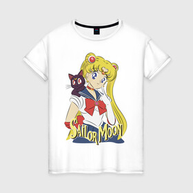 Женская футболка хлопок с принтом Sailor Moon & Luna в Белгороде, 100% хлопок | прямой крой, круглый вырез горловины, длина до линии бедер, слегка спущенное плечо | Тематика изображения на принте: cat | girl | kitty | luna | moon | sailor moon | sailormoon | девочка | кот | котик | котэ | кошка | луна | мультяшка | сейлормун | сэйлор мун