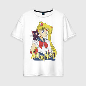 Женская футболка хлопок Oversize с принтом Sailor Moon & Luna в Белгороде, 100% хлопок | свободный крой, круглый ворот, спущенный рукав, длина до линии бедер
 | cat | girl | kitty | luna | moon | sailor moon | sailormoon | девочка | кот | котик | котэ | кошка | луна | мультяшка | сейлормун | сэйлор мун