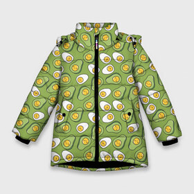 Зимняя куртка для девочек 3D с принтом Avocado and Eggs в Белгороде, ткань верха — 100% полиэстер; подклад — 100% полиэстер, утеплитель — 100% полиэстер. | длина ниже бедра, удлиненная спинка, воротник стойка и отстегивающийся капюшон. Есть боковые карманы с листочкой на кнопках, утяжки по низу изделия и внутренний карман на молнии. 

Предусмотрены светоотражающий принт на спинке, радужный светоотражающий элемент на пуллере молнии и на резинке для утяжки. | avo | avocado | avoegg | egg | eggs | авокадо | яйца