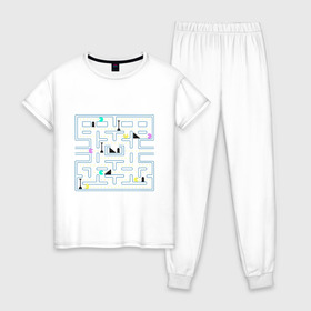 Женская пижама хлопок с принтом Pac-Man в Белгороде, 100% хлопок | брюки и футболка прямого кроя, без карманов, на брюках мягкая резинка на поясе и по низу штанин | arcade | dendi | game | pac | pac man | pacman | retro | аркада | видеоигра | деньди | дэньди | игра | колобок | пакман | пакмэн | ретро