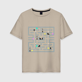 Женская футболка хлопок Oversize с принтом Pac-Man в Белгороде, 100% хлопок | свободный крой, круглый ворот, спущенный рукав, длина до линии бедер
 | arcade | dendi | game | pac | pac man | pacman | retro | аркада | видеоигра | деньди | дэньди | игра | колобок | пакман | пакмэн | ретро