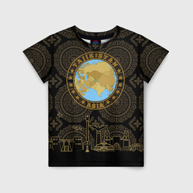 Детская футболка 3D с принтом Таджикистан в Белгороде, 100% гипоаллергенный полиэфир | прямой крой, круглый вырез горловины, длина до линии бедер, чуть спущенное плечо, ткань немного тянется | arch | asia | city | crown | emblem | globe | map | ornament | patterns | republic | silhouette | stars | state | tajikistan | азия | архитектура | ашхабад | глобус | город | государство | звезды | карта | корона | орнамент | республика | силуэт | таджики
