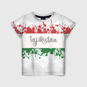 Детская футболка 3D с принтом Таджикистан в Белгороде, 100% гипоаллергенный полиэфир | прямой крой, круглый вырез горловины, длина до линии бедер, чуть спущенное плечо, ткань немного тянется | Тематика изображения на принте: asia | blots | drops | flag | paint | republic of tajikistan | splashes | state | азия | брызги | государство | капли | кляксы | краска | республика | таджикистан | флаг