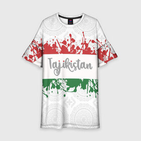 Детское платье 3D с принтом Таджикистан в Белгороде, 100% полиэстер | прямой силуэт, чуть расширенный к низу. Круглая горловина, на рукавах — воланы | Тематика изображения на принте: asia | blots | drops | flag | paint | republic of tajikistan | splashes | state | азия | брызги | государство | капли | кляксы | краска | республика | таджикистан | флаг