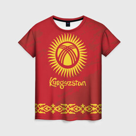 Женская футболка 3D с принтом Киргизия в Белгороде, 100% полиэфир ( синтетическое хлопкоподобное полотно) | прямой крой, круглый вырез горловины, длина до линии бедер | asia | coat of arms | kyrgyz republics | kyrgyzstan | ornament | state | азия | герб | государство | киргизия | киргизская республика | кыргыз республикасы | кыргызстан | орнамент