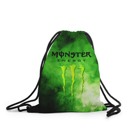 Рюкзак-мешок 3D с принтом MONSTER ENERGY в Белгороде, 100% полиэстер | плотность ткани — 200 г/м2, размер — 35 х 45 см; лямки — толстые шнурки, застежка на шнуровке, без карманов и подкладки | Тематика изображения на принте: brend | green | monster energy | андреналин | бренд | зеленый | логотип | монстр | напиток | энергетик | энергия