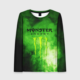 Женский лонгслив 3D с принтом MONSTER ENERGY в Белгороде, 100% полиэстер | длинные рукава, круглый вырез горловины, полуприлегающий силуэт | brend | green | monster energy | андреналин | бренд | зеленый | логотип | монстр | напиток | энергетик | энергия