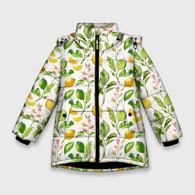 Зимняя куртка для девочек 3D с принтом Летний узор лимон ветки листья в Белгороде, ткань верха — 100% полиэстер; подклад — 100% полиэстер, утеплитель — 100% полиэстер. | длина ниже бедра, удлиненная спинка, воротник стойка и отстегивающийся капюшон. Есть боковые карманы с листочкой на кнопках, утяжки по низу изделия и внутренний карман на молнии. 

Предусмотрены светоотражающий принт на спинке, радужный светоотражающий элемент на пуллере молнии и на резинке для утяжки. | Тематика изображения на принте: ботаника | ветки | кислый | летний | лимонад | лимончики | лимоны | листья | паттерн | узор | цветы | цитрусовые