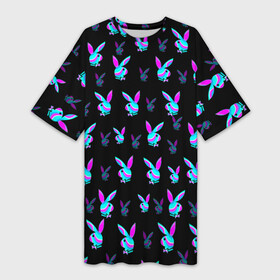 Платье-футболка 3D с принтом Playboy в Белгороде,  |  | playboy | абстракция | зая | заяц | краска | кролик | кролик плейбой | лето | море | неон | отдых | плейбой | плэйбой | пляж | текстура