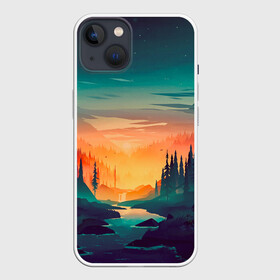 Чехол для iPhone 13 с принтом Лесной закат в Белгороде,  |  | деревья | закат | иллюстрация | лес | небо | облака | природа | путешествие | ручей | фон